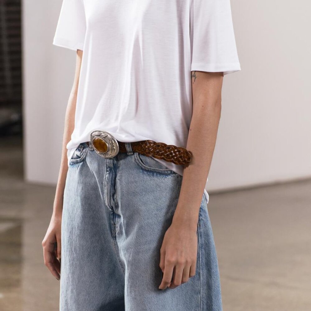 NWT ZARA LEATHER BELT WITH HEWN BUCKLE BROWN - Picture 3 of 4